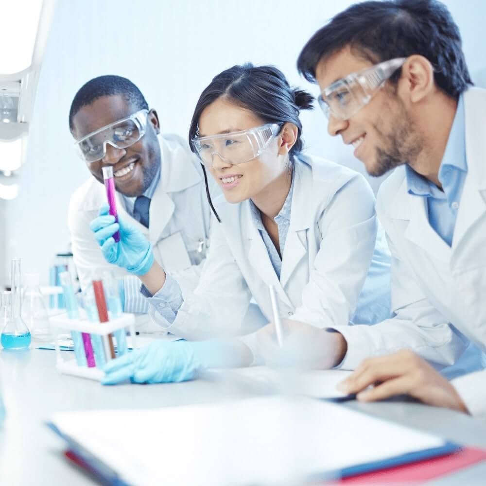 Science lab workers looking at test tube